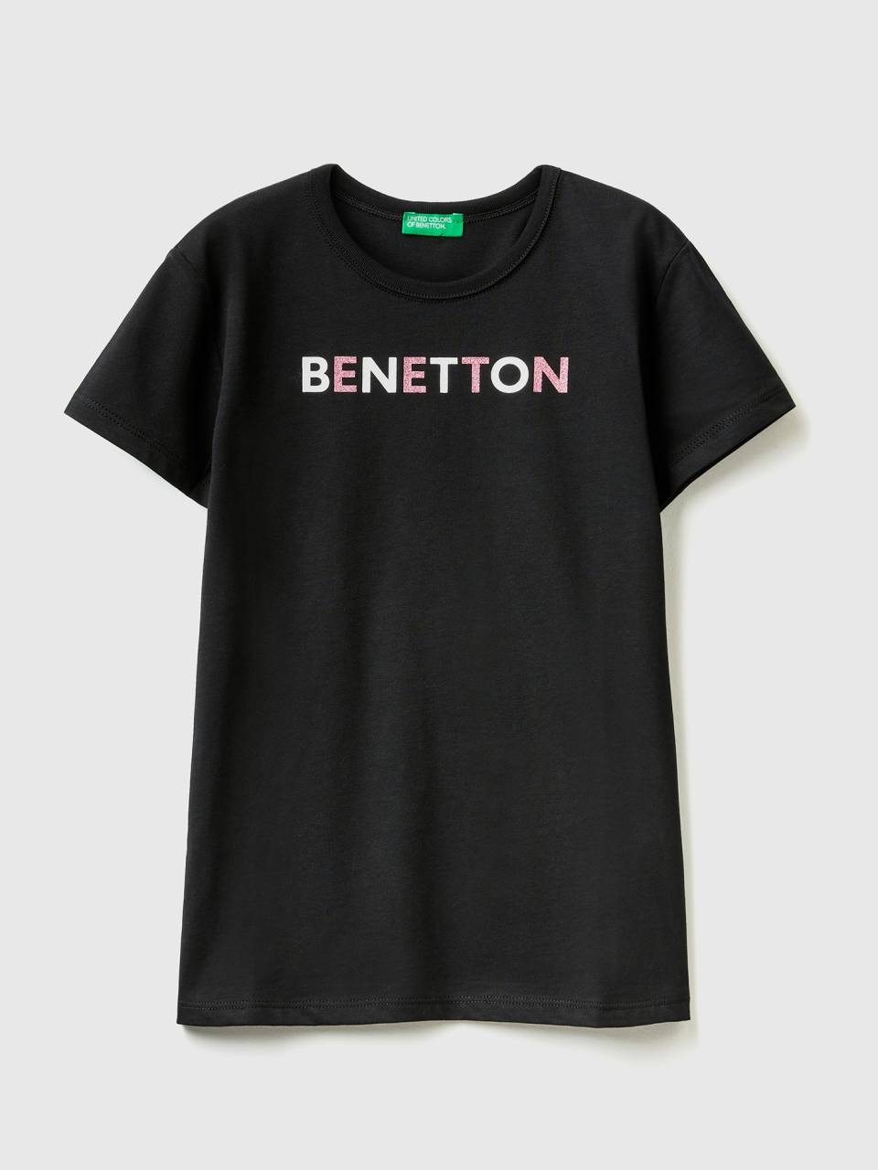 T-Shirt aus Bio-Baumwolle mit glitzerndem Logo - Schwarz | Benetton