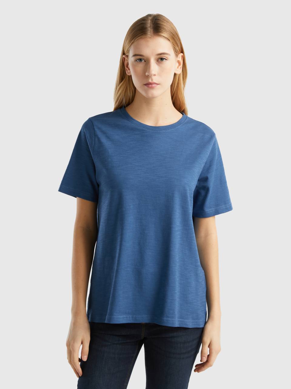T-Shirt mit geflammter Benetton Baumwolle - | aus Rundhalsausschnitt Taubenblau